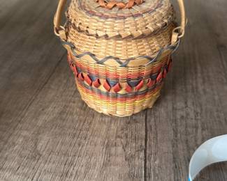 vintage woven rattan lidded basket