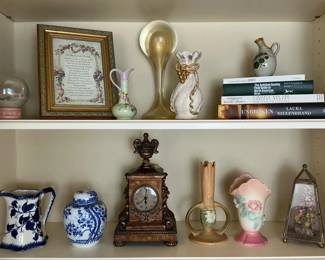 Ceramic Vases, Mantel Clock, Framed Art and Books
