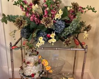 Metal and Glass Serving Cart with Artificial Floral Arrangements