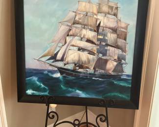 Framed Tall Ship Painting Signed CS