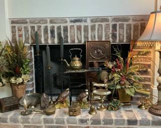 Fireplace Decor with Table Lamp, Floral Arrangements and Brass Accessories