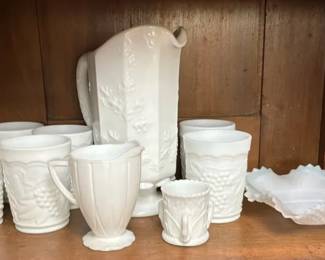 White Milk Glass Pitcher, Tumblers and Serving Pieces