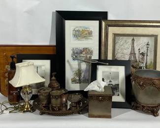 Paris Framed Artwork, Table Lamp and Bathroom Accessories