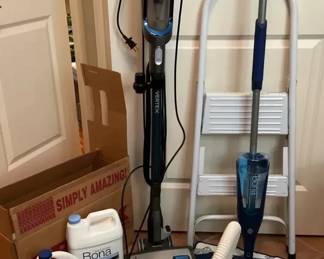 Shark Vertex and Oreck Vacuum, Bona Mop, Step Stool and Floor Cleaning Supplies