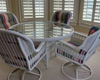 White Wicker Glass Top Table with Four Cushioned Chairs