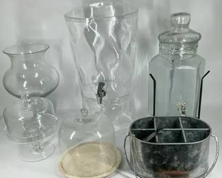 Glass Beverage Dispensers, Serving Dishes and Metal Drink Caddy