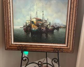 Harbor Oil Painting, Ship Wheel