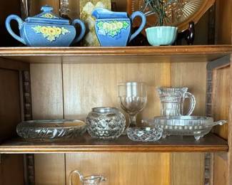 Cut Glass Serving Pieces and Blue Floral Ceramics