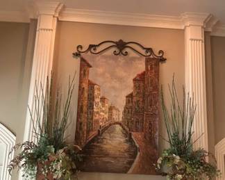 Venetian Canal Wall Art with Wrought Iron Scrollwork and Floral Arrangements