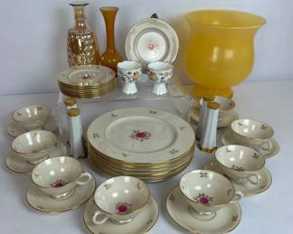 Lenox Rhodora China Dinnerware and Yellow Glass Vases