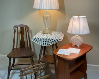 Wood Tables, Chair, Magazine Rack and Two Glass Lamps