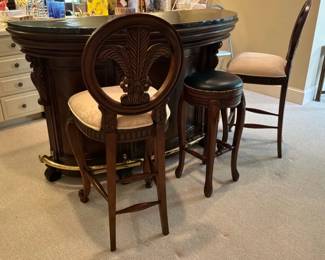 Ornate Marble Top Home Bar with Three Bar Stools