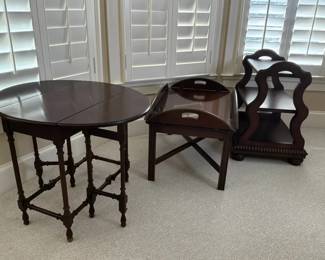 Drop Leaf Table, Butlers Tray Table and Wood Display Shelf