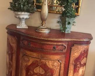 Hand Painted Bombe Accent Cabinet with Lamp and Topiaries