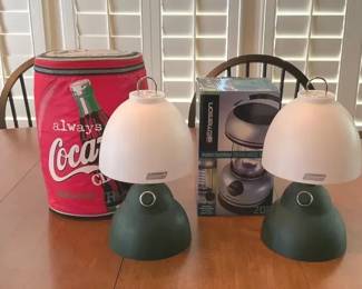 Two Coleman Table Lamps, Emerson Utility Light and Coca Cola Cooler