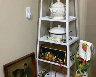 White Corner Display Shelf with Fruit Decor and Kitchen Accessories