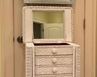White Wicker Jewelry Chest with Mirror and Silver Tone Wall Mirror