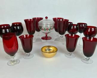 Ruby Red Glass Stemware and Christmas Candy Dishes