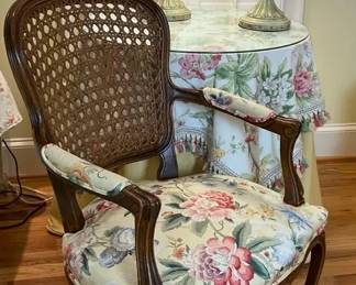 Cane Back Floral Armchair, Two Rose Lamps and Accent Table
