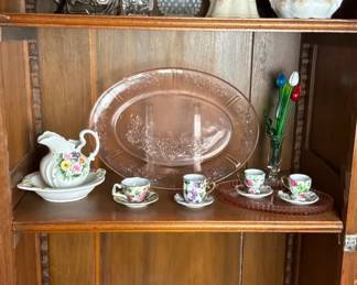 Floral Porcelain, Pink Depression Glass and Serving Pieces