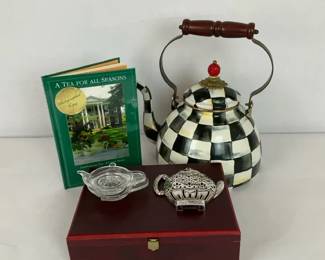 MacKenzie Childs Checkered Tea Kettle with Tea Accessories