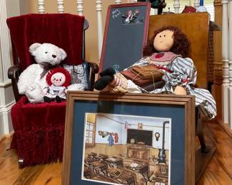 Raggedy Ann Doll, Teddy Bear, Framed Schoolhouse Print and Childrens Decor