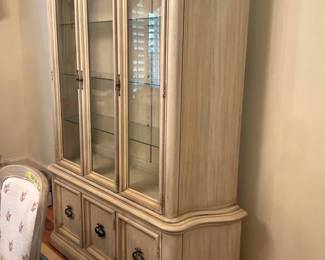 Distressed White China Lighted Display Cabinet with Glass Shelves