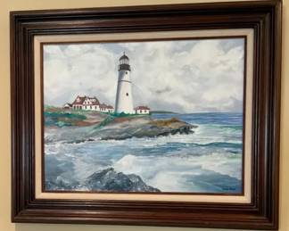 Leon Moss Signed Lighthouse Coastal Painting