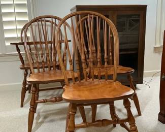 Three Windsor Style Wood Chairs and Glass Door Cabinet