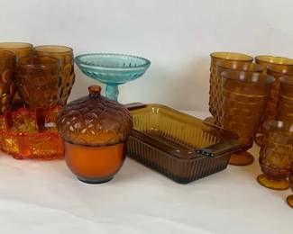 Amber Glass Goblets, Tumblers and Serving Pieces