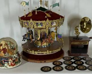 Christmas Carousel, Snow Globe and Gramophone Music Box