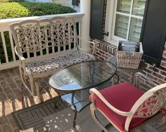 Metal Patio Bench, Rocking Chair, Glass Table and Outdoor Rug