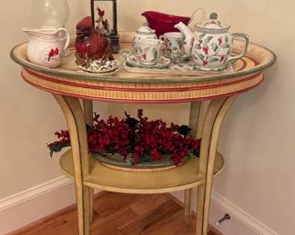 Painted Accent Table with Christmas Decor and Tea Set