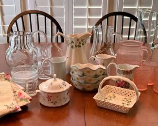 Arthur Court Glass Pitcher, Floral Porcelain Pitchers, Glassware and Table Linens