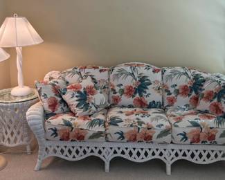White Wicker Sofa, Side Table and Two Lamps