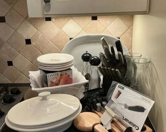 Le Creuset, Dansk and Cuisinart Kitchenware with Kitchen Aid Knife Block