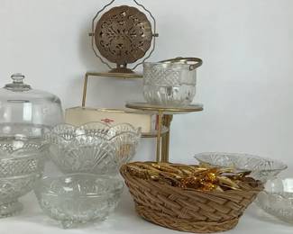 Cut Glass Serving Bowls, Cake Dome and Table Accessories