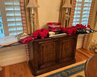 Wood Dining Cabinet with Christmas Serving Pieces, Linens and Two Lamps