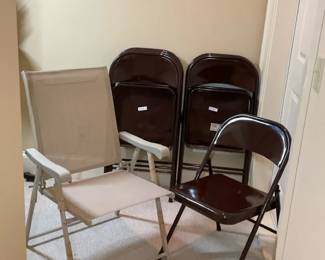 Four Metal Folding Chairs and Mesh Patio Chair