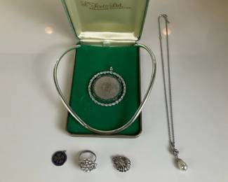 Silver Tone Jewelry with Monogram Pendant and Pearl Necklace