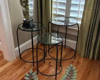 Three Glass Top Accent Tables with Decorative Accessories