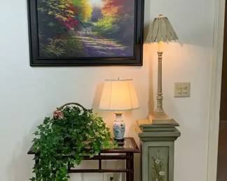 Framed Landscape Art, Two Lamps, Side Table and Artificial Ivy