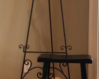 Wrought Iron Display Easel and Black Wooden Stool