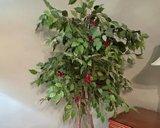 Tall artificial ficus tree with natural-look trunk and red berry accents