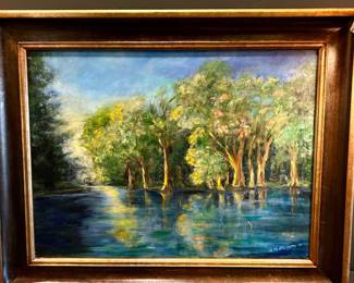 Framed original landscape painting of trees reflected in water, signed and dated 2004