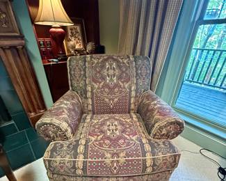 Oversized tapestry-upholstered club chair with rolled arms, nailhead trim and loose seat cushion