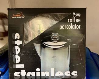 Texsport 9-cup stainless steel coffee percolator, in its original box