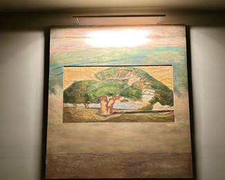 Large mixed-media landscape wall art with a textured finish and a built-in picture light