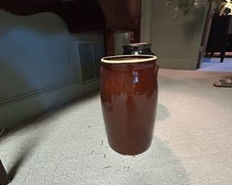 Tall brown glazed stoneware crock