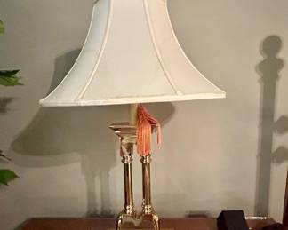 Traditional polished brass table lamp with column-style base and white shade
